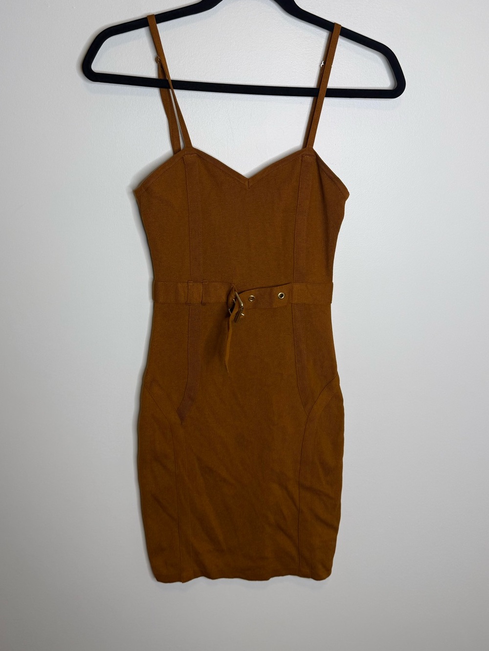 Guess Spaghetti-Strap Belted Mini Dress - Warm Brown bodycon knit size small